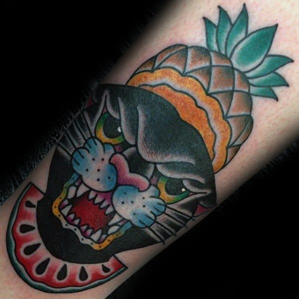 Unique Mens Black Panther Watermelon Tattoos On Leg