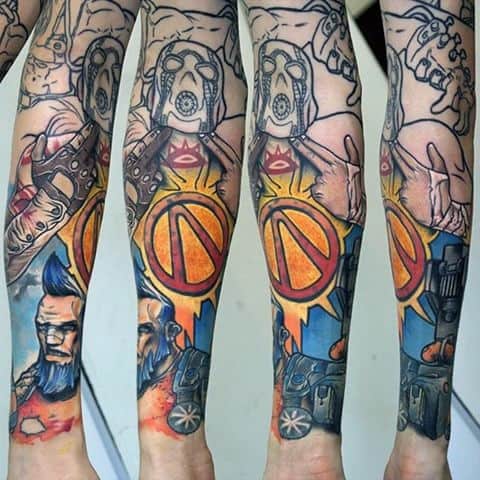 Partially completed Borderlands sleeve tattoo featuring vibrant Vault logos, Psycho Bandits, and Brick with bold outlines and dynamic comic-style colors.