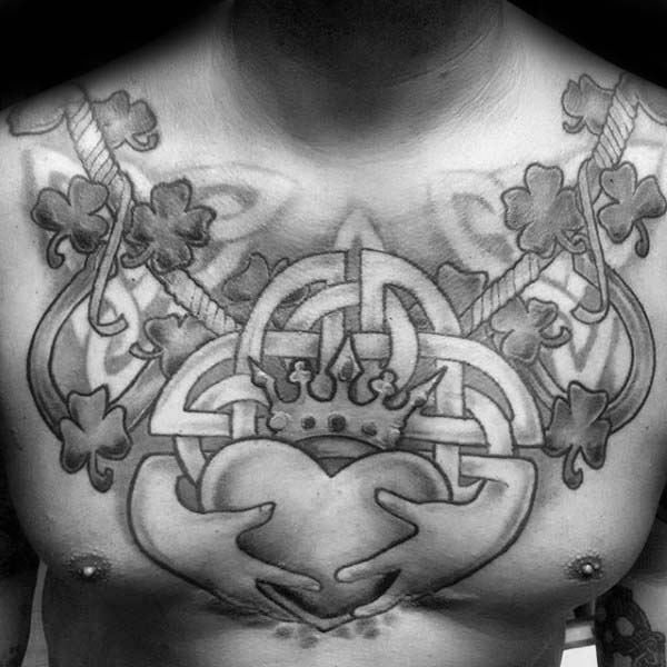 Unique Mens Claddagh Upper Chest Irish Tattoo Designs