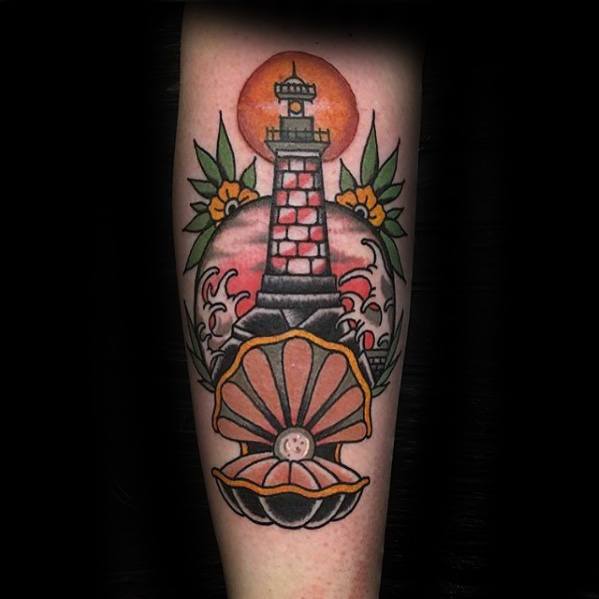 Traditional-style tattoo of a lighthouse with crashing waves, framed by flowers, and an open clam with a pearl at the base under a red sun.