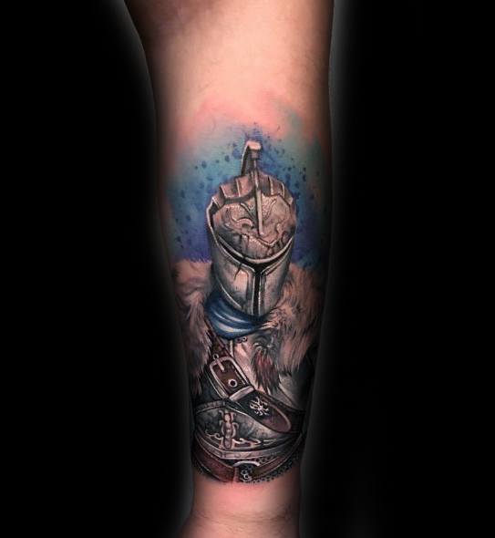 Colorful Dark Souls tattoo of a knight in detailed armor and fur, set against a soft blue and pink glowing background.