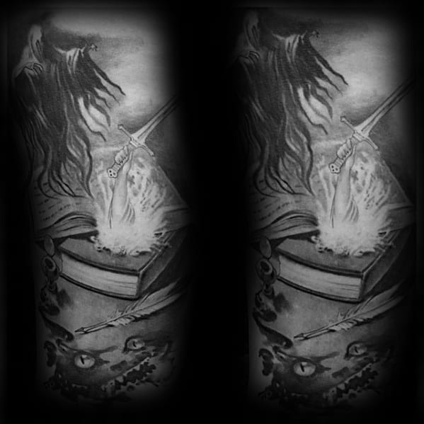 Detailed black and grey tattoo of a Dementor above an open book, with a ghostly Patronus stag emerging and magical elements surrounding it.