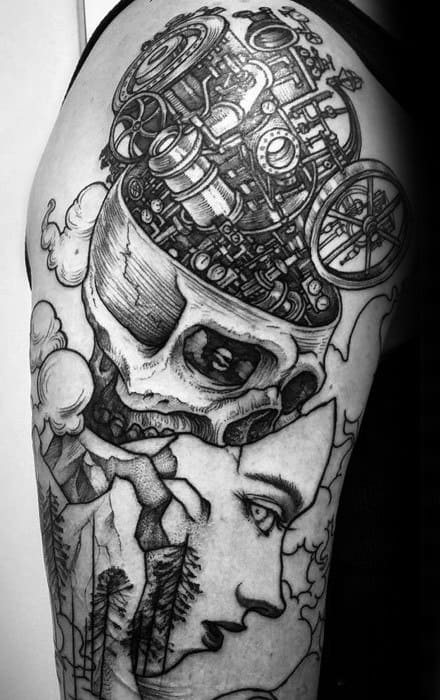 Tattoo of a skull with mechanical gears inside its head, merging into a serene human face below, surrounded by mountains, trees, and clouds.