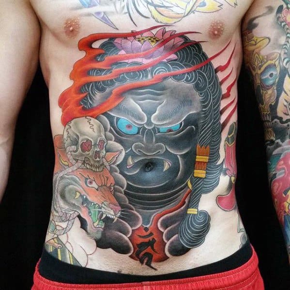 Unique Mens Fudo Myoo Tattoos On Stomach