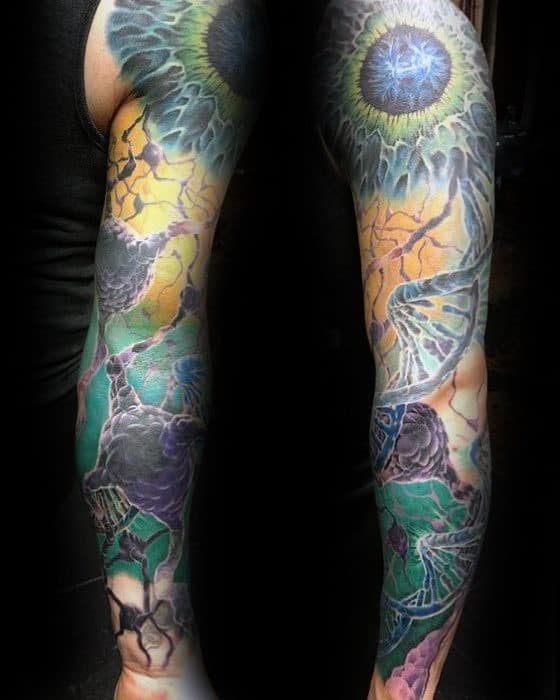 Full sleeve tattoo with a vivid mix of a realistic eye, DNA helix, and neurons, set against a colorful backdrop of green, yellow, and purple.