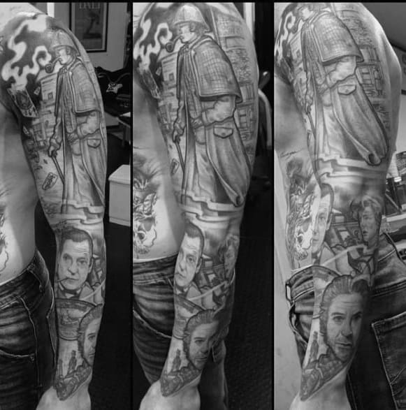 Black and white sleeve tattoo showcasing Sherlock Holmes alongside various movie characters and scenes