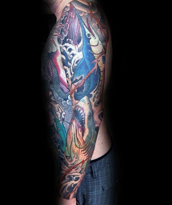 Unique Mens Full Sleeve Shark Marlin Tattoos