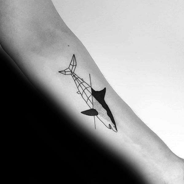 Geometric orca tattoo on the forearm, split design with one half in line art and the other in bold black realism.