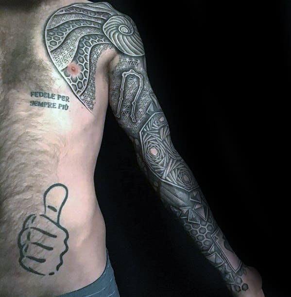 Unique Mens Geometric Pattern 3d Sleeve Tattoo Design Ideas