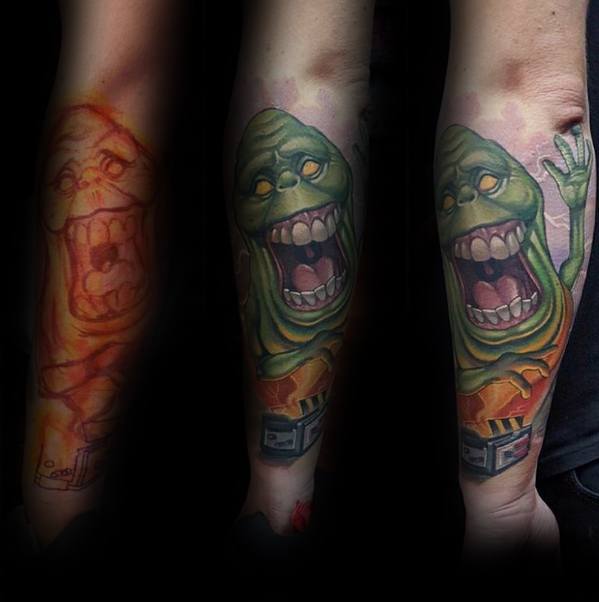 Unique Mens Ghostbusters Tattoos On Outer Forearms