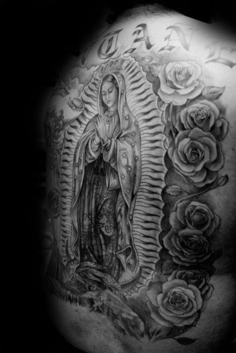 Unique Mens Guadalupe Tattoos Full Back With Rose Flower Design