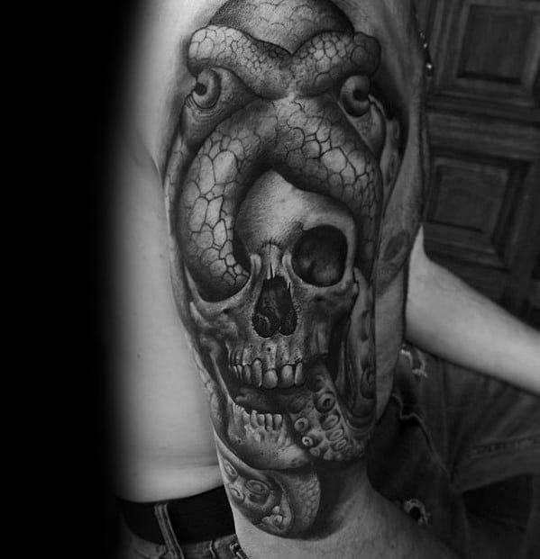Skull with octopus tentacles wrapping around it, detailed with shading and dramatic contrasts, creating a dark and eerie black-and-grey tattoo design.