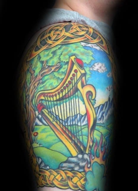 Unique Mens Harp Tattoos Colorful Half Sleeve