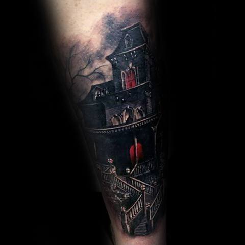 Dark haunted house tattoo with eerie red lighting, winding stairs, and a shadowy sky, creating a chilling and mysterious atmosphere.