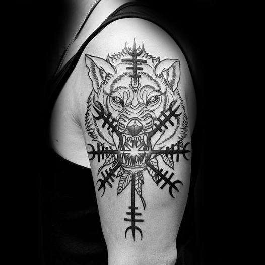Unique Mens Helm Of Awe With Wolf Arm Tattoos