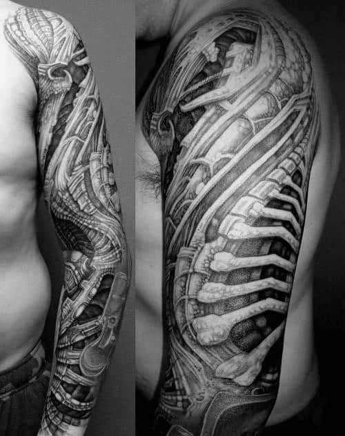 HR Giger-inspired full sleeve tattoo with exposed biomechanical ribs, gears, and alien tubing intricately woven into the arm.