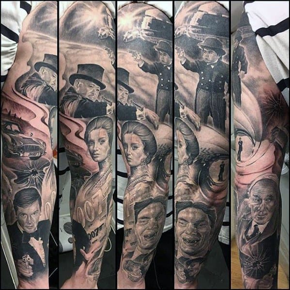 Unique Mens James Bond Themed Full Arm Sleeve Shaded Black And Grey Tattoos