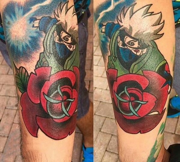 Unique Mens Kakashi Anime With Rose Flower Leg Tattoos