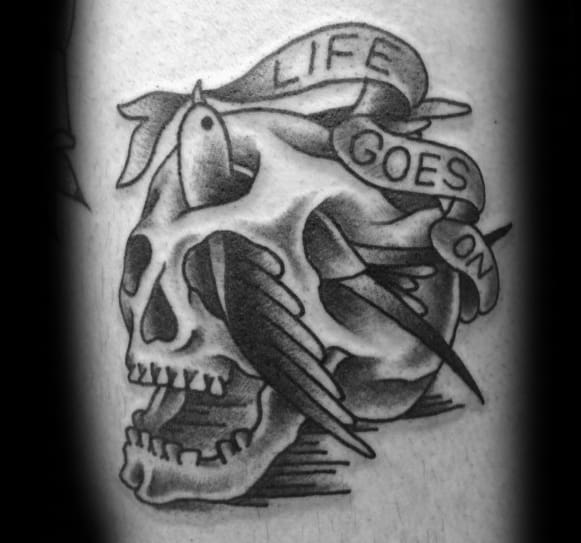 Unique Mens Life Goes On Skull Banner Tattoos