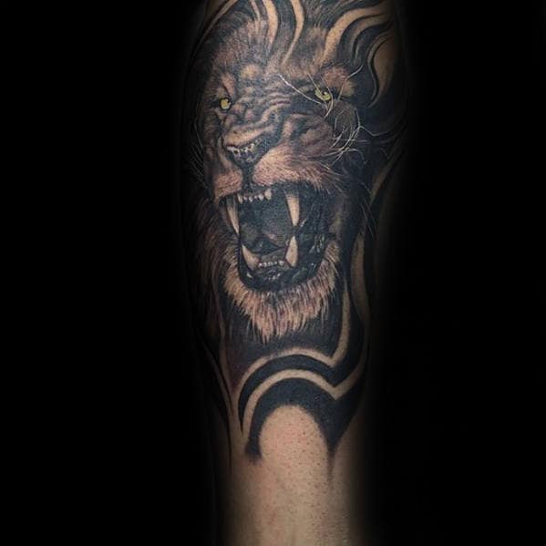 Unique Mens Lion Roaring Tattoo Designs On Leg