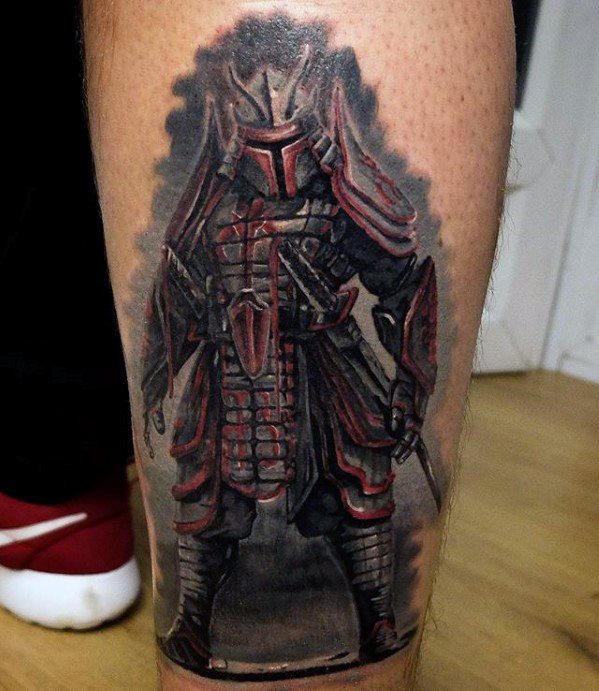 Tattoo of a Mandalorian warrior in detailed samurai armor with red accents, blending Star Wars and feudal Japan styles on the calf.