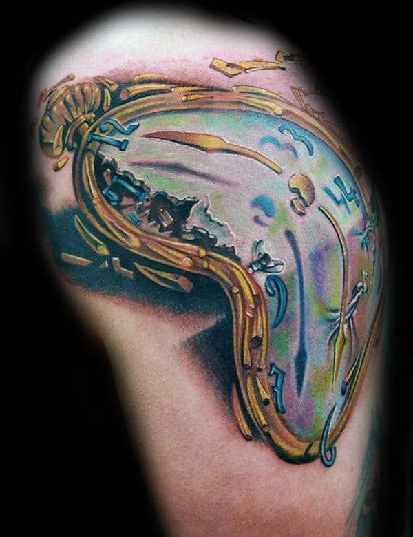 Unique Mens Melting Clock Upper Arm Tattoos