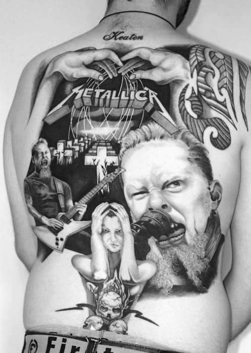 Full back tattoo tribute to Metallica featuring the band logo, James Hetfield screaming, stage performance, Master of Puppets graveyard, and emotional figures.