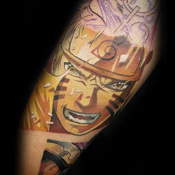 Naruto Uzumaki tattoo in vibrant colors, showcasing his fierce expression and headband symbol.