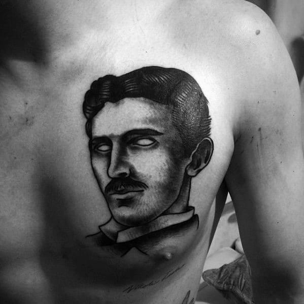 Blackwork chest tattoo of Nikola Tesla with hollow glowing eyes, bold outlines, and stylized shading for a dramatic, haunting effect.