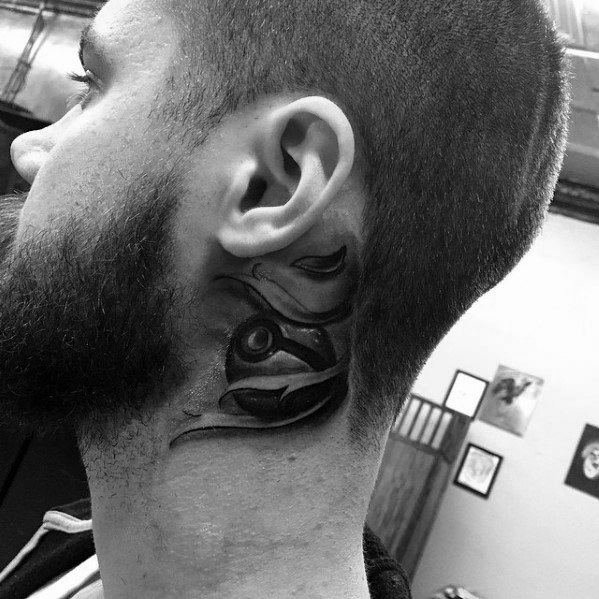 Realistic black and grey Pokeball neck tattoo designed to look like it’s tearing through the skin, with 3D shading for a dramatic effect.
