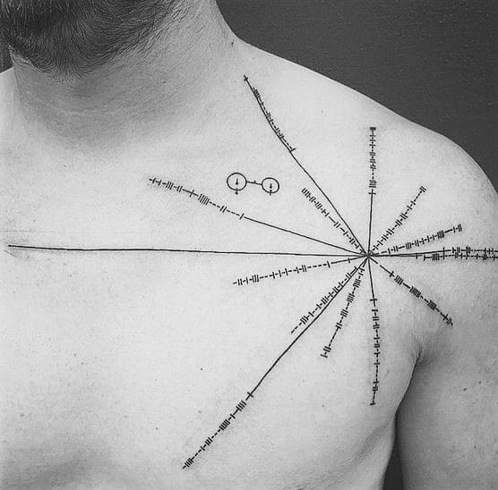 A tattoo of the Pioneer Plaque design with pulsar map radiating lines on a person's chest and shoulder