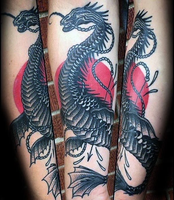 Unique Mens Red Sun Loch Ness Monster Tattoos