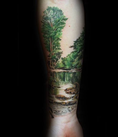 Unique Mens River With Trees Forearm Tattoos