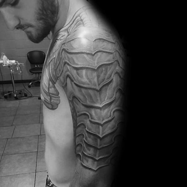 Unique Mens Shaded Black And Grey 3d Battle Armor Plate Arm Tattoo