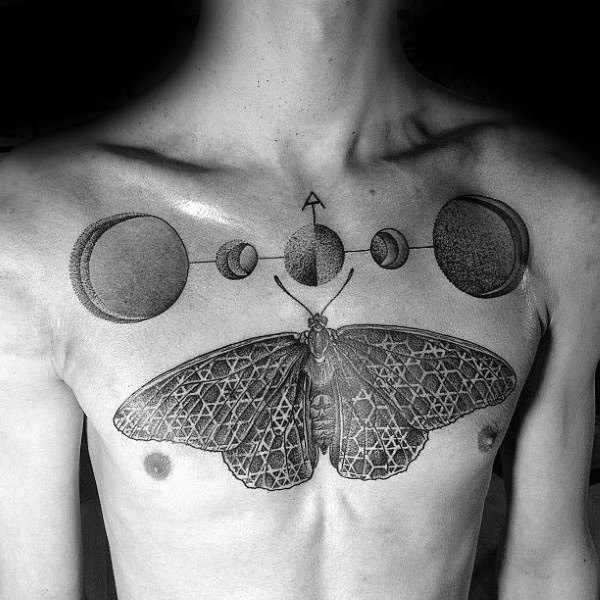 Unique Mens Shaded Ink Moon Phases Tattoos Designs On Chest