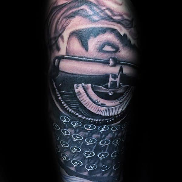 Unique Mens Shaded Typewriter Sleeve Tattoo On Leg