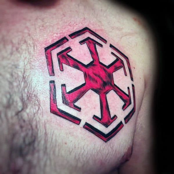 Red and black Sith Empire symbol tattooed on the chest, featuring a dynamic brushstroke texture and bold outer lines.