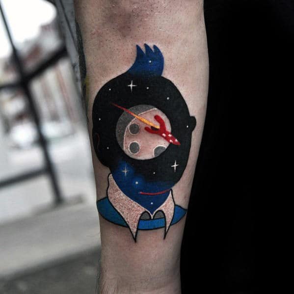 Unique Mens Small Spaceship Portrait Tattoo On Forearm