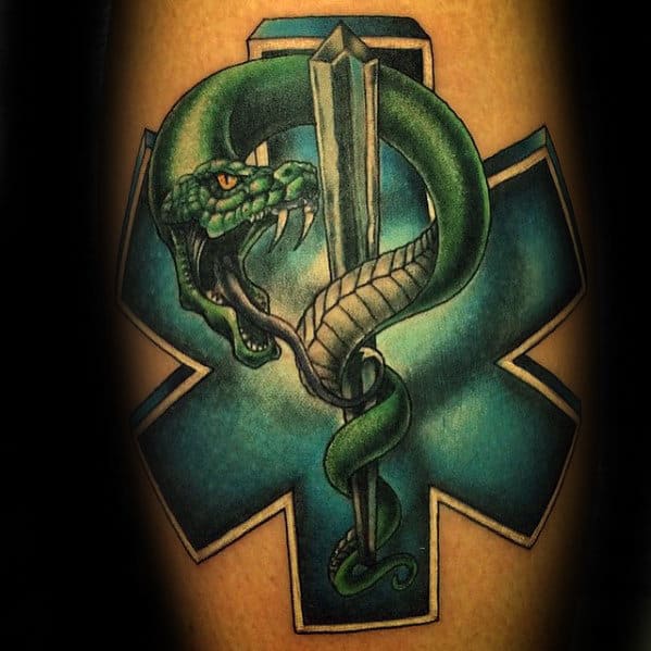 Unique Mens Star Of Life With 3d Snake Tattoo On Arm