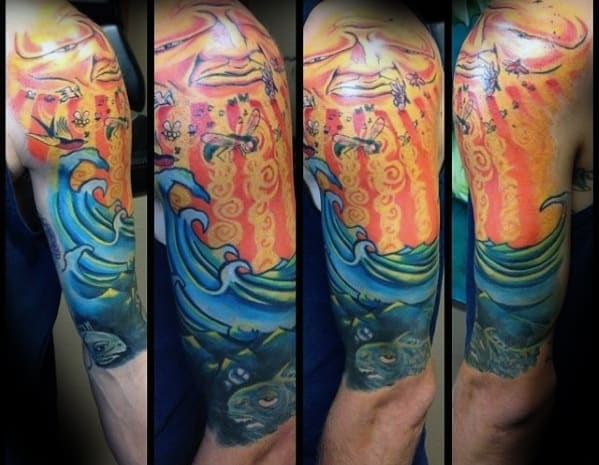 Full sleeve tattoo with fiery orange rays at the top, flying insects, crashing blue waves, and koi fish, inspired by Sublime themes.