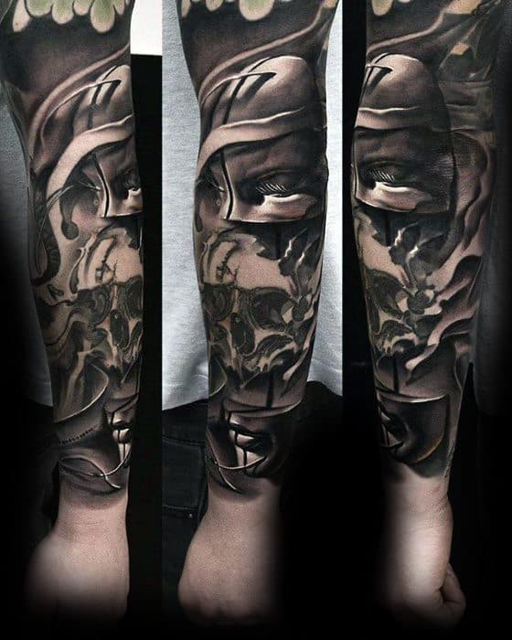 Realistic sleeve tattoo featuring a Spartan warrior helmet, intense eyes, and swirling skulls in a dark, surreal composition.