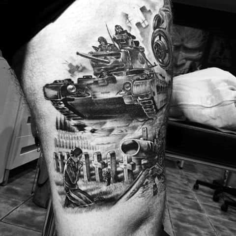 Detailed black and grey war tribute tattoo featuring a tank with soldiers, a cemetery with crosses, and a kneeling figure in remembrance.