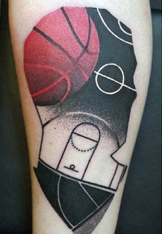 Forearm tattoo of a skull incorporating basketball elements like a ball and court lines