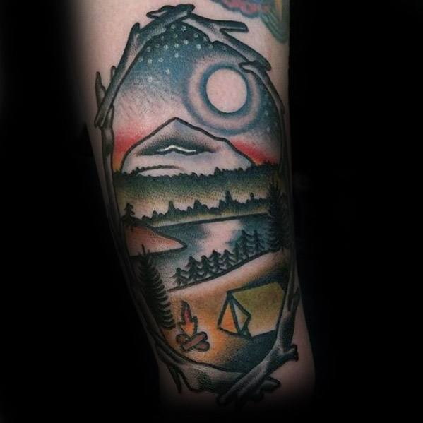 Unique Mens Tent Tattoos On Forearm