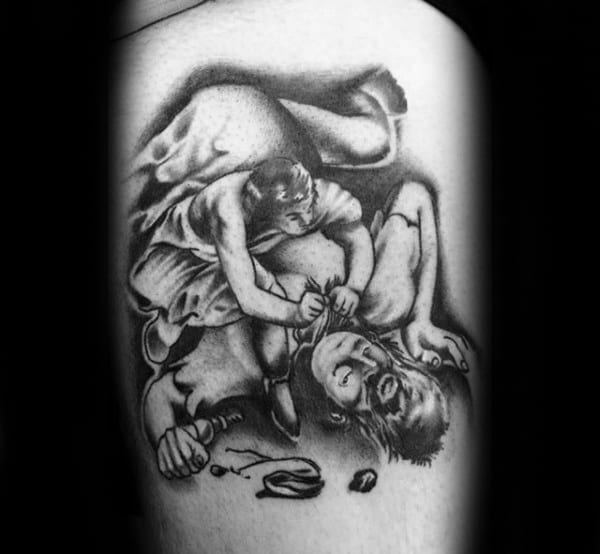 Unique Mens Thigh David And Goliath Tattoos