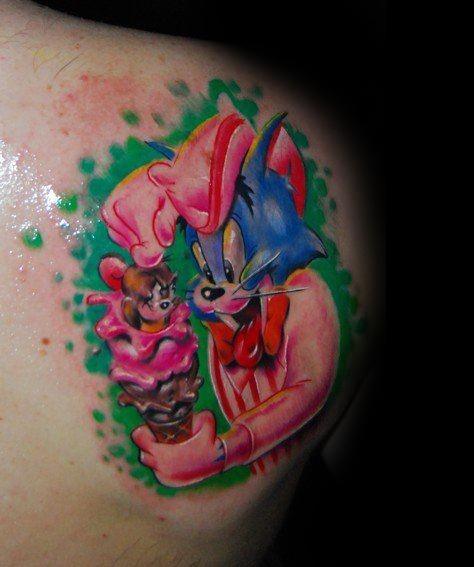 Bright and colorful tattoo of Tom dressed as an ice cream vendor holding Jerry on a cone, blending cartoon charm with vivid detail.