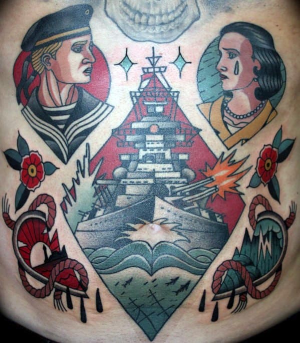 Tattoo featuring a battleship, sailor, and woman with tear, surrounded by explosions and nautical motifs