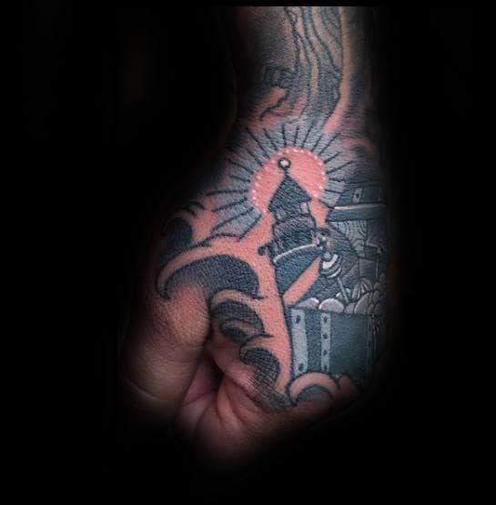 Unique Mens Treasure Chest Lighthouse Hand Tattoo With Traditional Design