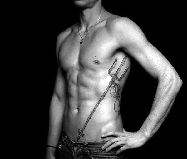 Unique Mens Trident Tattoos On Ribcage