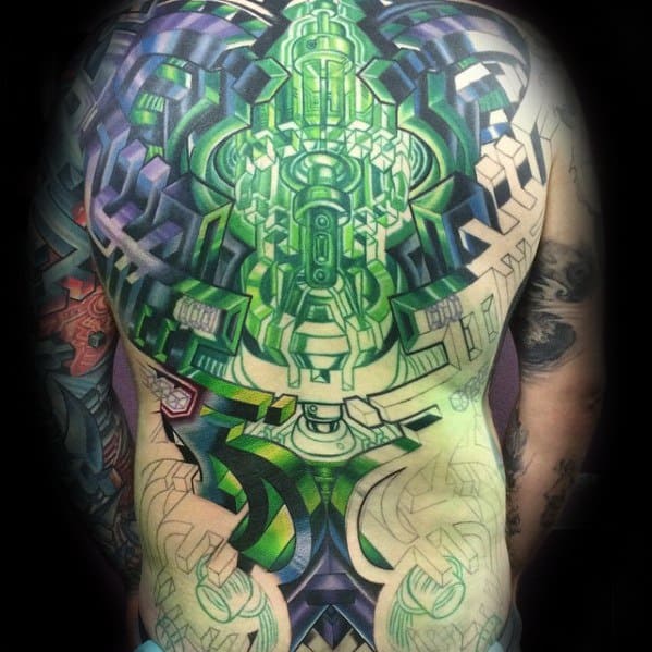 Full-back tattoo with a futuristic green and blue geometric design resembling a biomechanical structure, partially unfinished at the bottom.